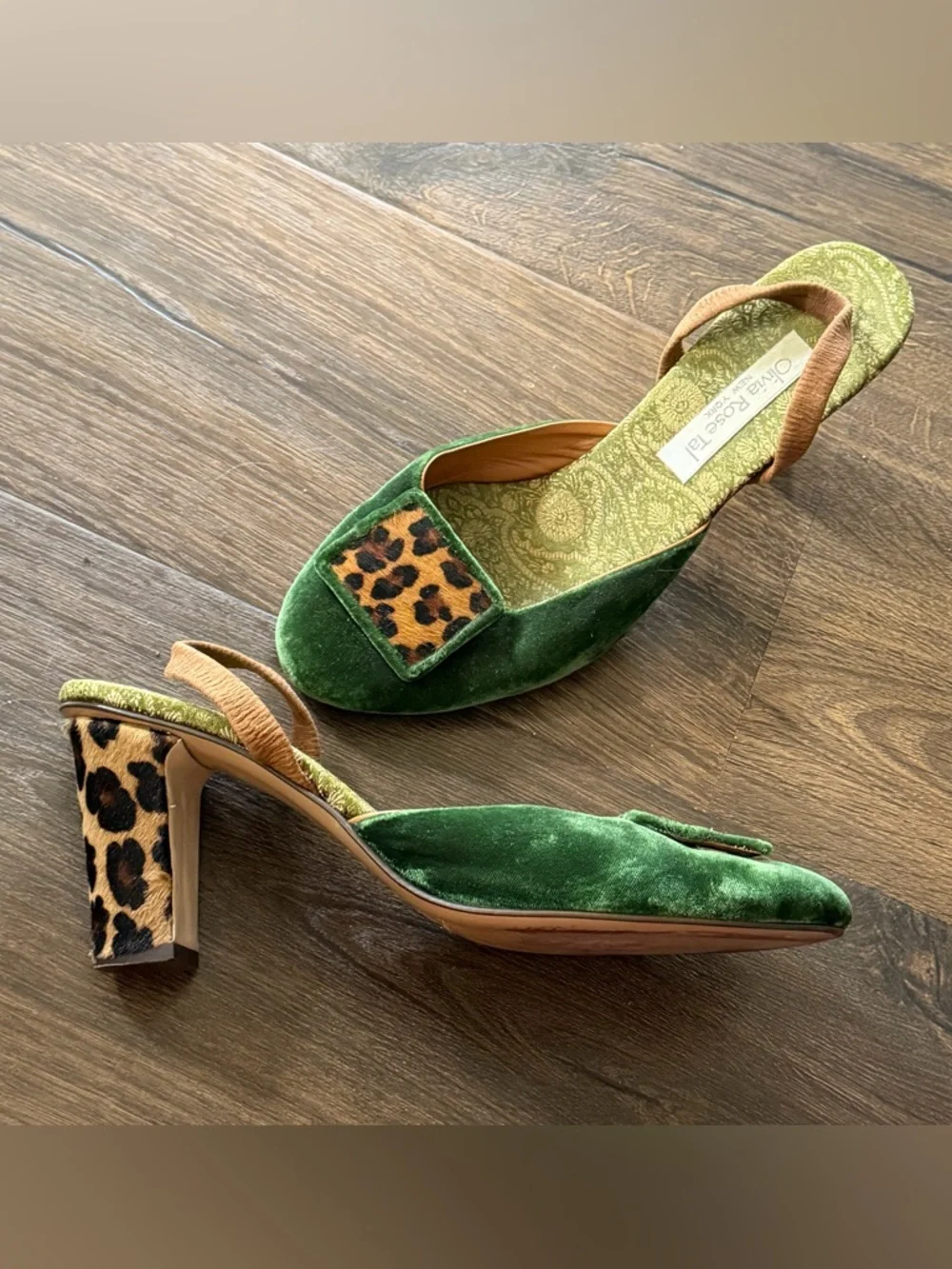 Olivia Rose Tal Green Velvet & Leopard Fur Slingback Heels size 9 - Picture 2 of 6